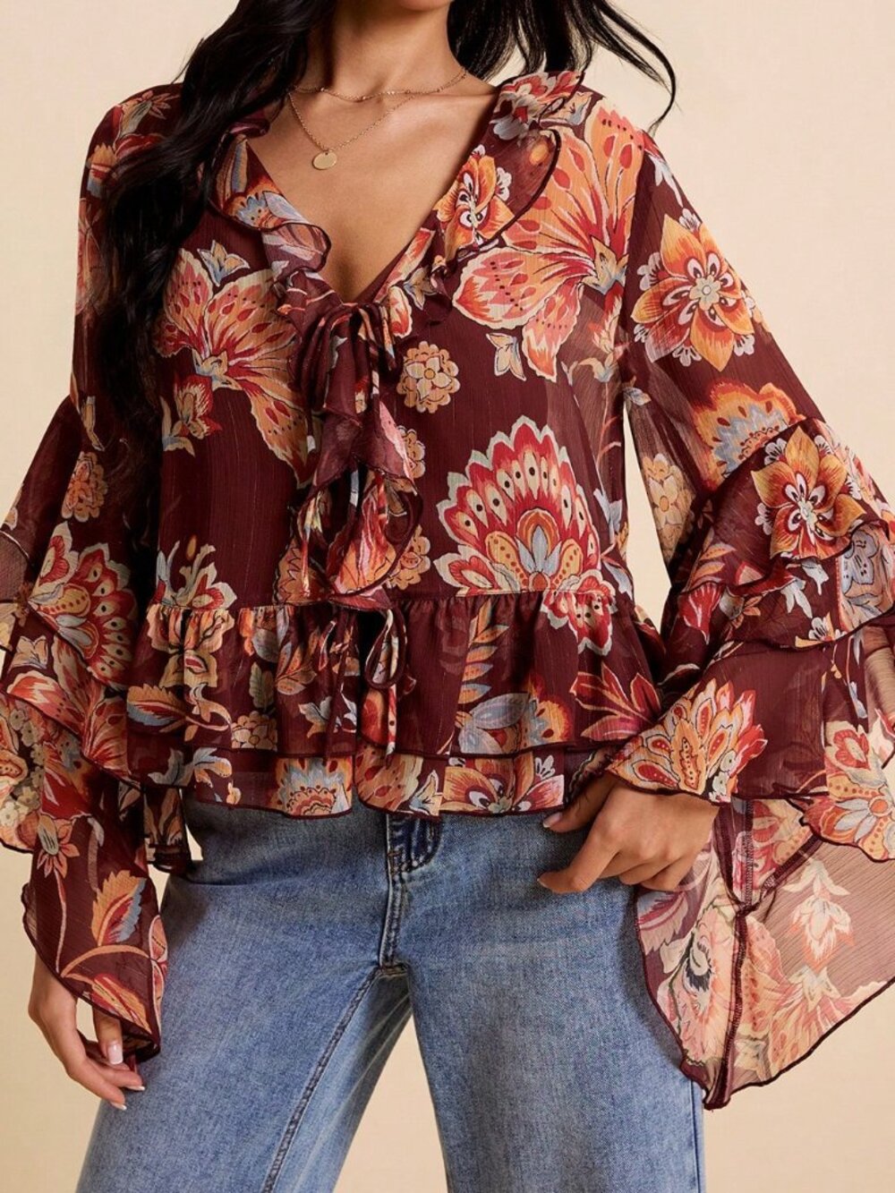 Multicolor Boho Women's V-Neck Long Sleeve Blouse with Ruffle Asymmetrical Hem - Picture 3 of 9